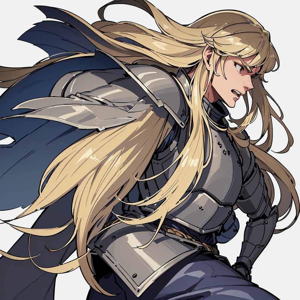 ((((Solo))))、(whole body)、Highest quality, Best Quality, Best illustrations, (((Grey Armor)))、(((Blond long hair man、Long-haired man、male、24-years-old、Cool guy)))、(Medieval Knight)、(Navy blue trousers)、(get annoyed、Clench your teeth)、(Living in the desert)、(White background)、Run、Dramatic Angle、(From the side)