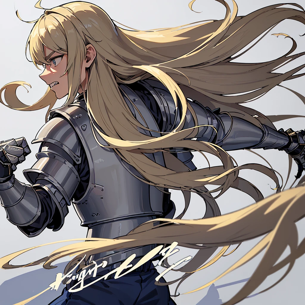 ((((Solo))))、(whole body)、Highest quality, Best Quality, Best illustrations, (((Grey Armor)))、(((Blond long hair man、Long-haired man、male、24-years-old、Cool guy)))、(Medieval Knight)、(Navy blue trousers)、(get annoyed、Clench your teeth)、(Living in the desert)、(White background)、Run、Dramatic Angle、(From the side)