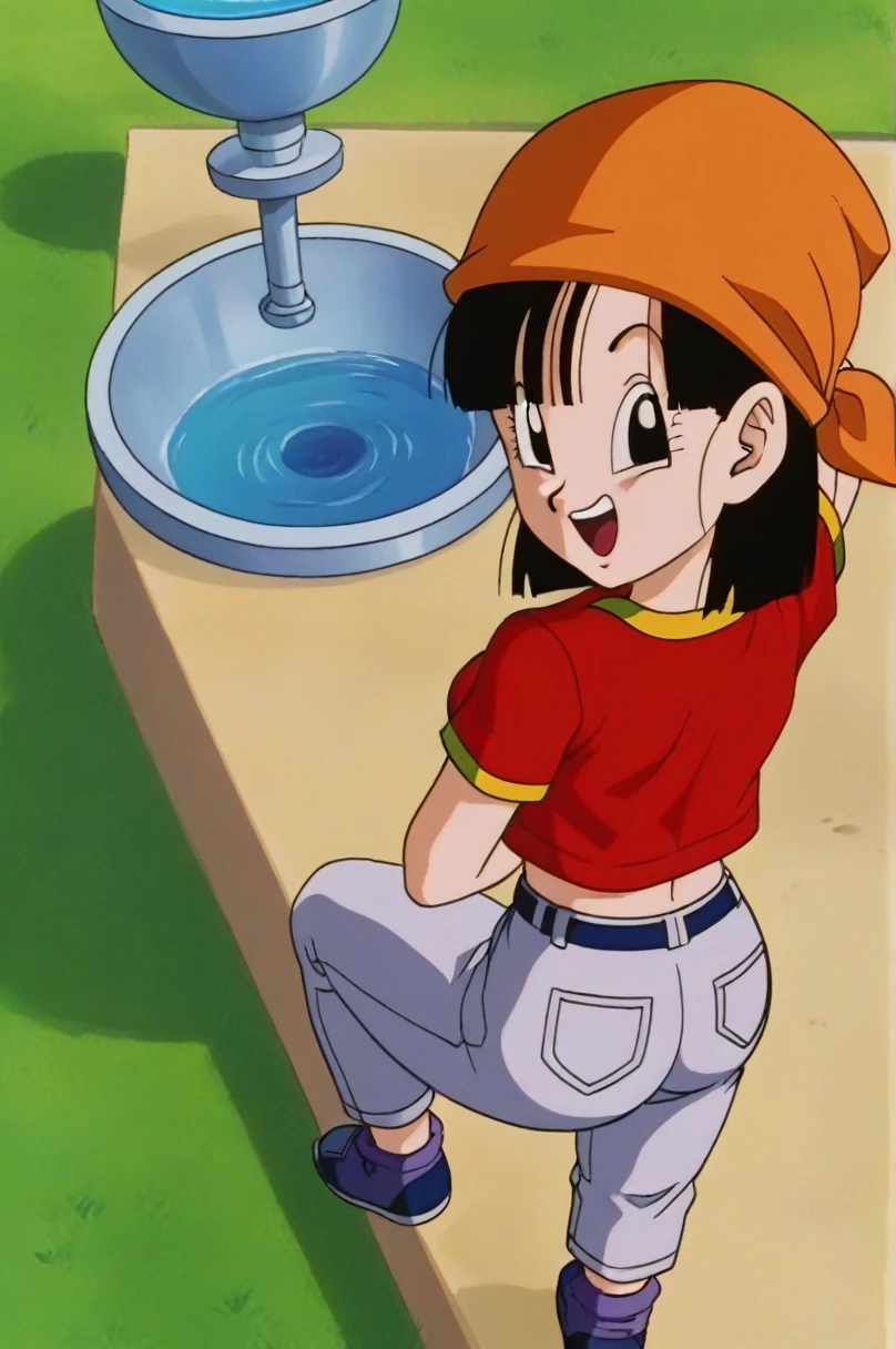 fountain_cheered up, score_9, score_8_above, score_7_above, cheered up screencap,8k, absurd resolution,
Pan \(Dragon Ball\), 1 girl, Alone, SMILE, Open mouth, hits, happy, Grass, black fur, Field, clavicle, aboveper body, :d, teeth, blunt hits, outdoor, black eyes, arm above, eyelashes, aboveper teeth only, happy, Red shirt, golden ornaments, in front of the viewer, close-above, bandana, retro artStyle, , 1990s \(Style\), orange scarf, language, arched eyebrows, arms above, short hair, medium chest, showing buttocks, 2nalgas, perfect anatomy, skimpy clothing, medium breasts, medium rear, unclothed, bare shoulders, big sexy ass, Wide hips, sexy, escasa ropa medium breasts