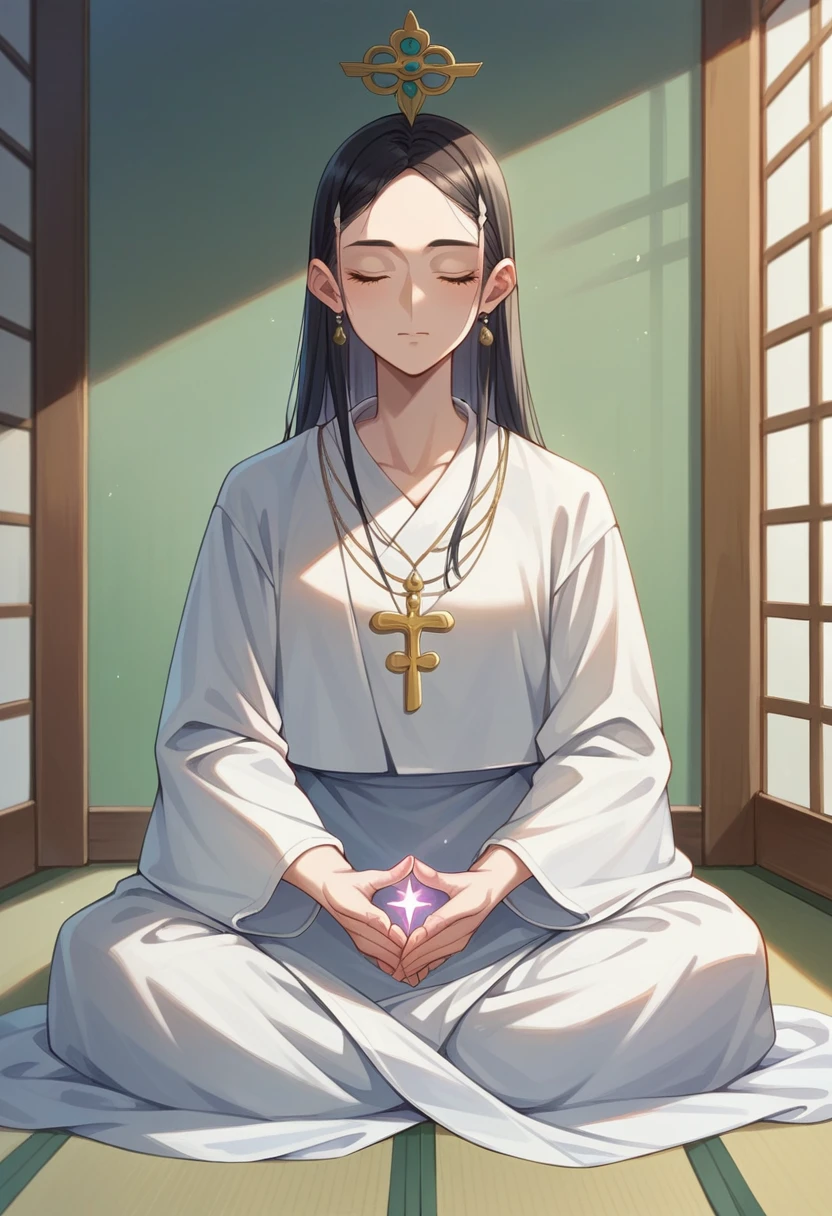 Pessoa ocidental meditando cercada de gatos. The setting is the interior of a beautiful room with boho style decor.. cinematic lighting. Pessoa meditando. meditation. ultra HD pessoa meditando.