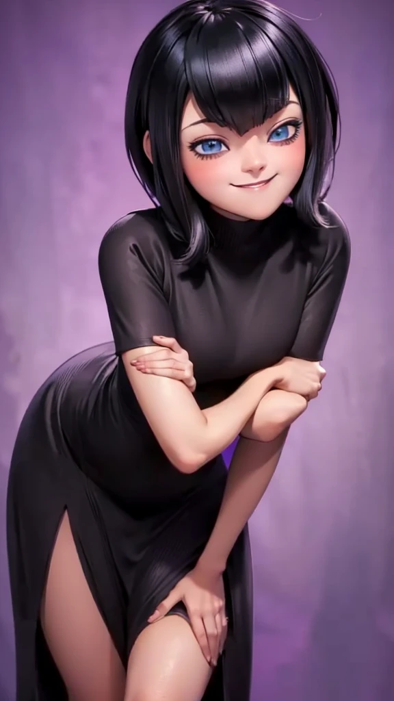 high quality, masterpiece, best quality, tmavis, 1girl, mature woman, forced smile, standing, blush, half-closed eyes, smile, empty eyes/no highlights (Leaning forward:1.5), Arms Down, ((Perfect ???????, beautifull detailed face, Beautiful detailed eyes, beautiful detailed hair, Beautiful detailed body)), thick outline, Beautiful outlines, black outlines