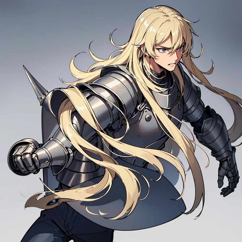 ((((Solo))))、(whole body)、Highest quality, Best Quality, Best illustrations, (((Grey Armor)))、(((Blond long hair man、Long-haired man、male、24-years-old、Cool guy)))、(Medieval Knight)、(Navy blue trousers)、(get annoyed、Clench your teeth)、(Living in the desert)、(White background)、Run、Dramatic Angle、(From the side)