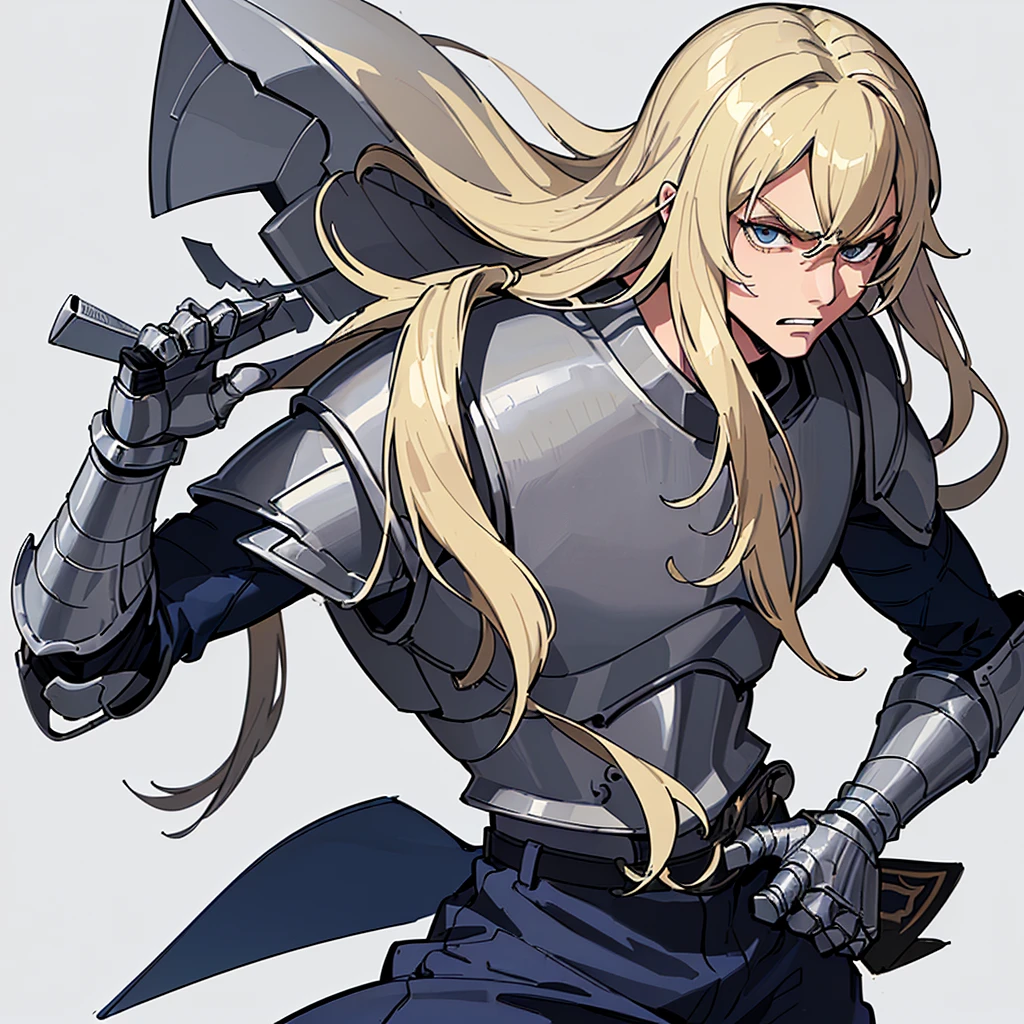 ((((Solo))))、(whole body)、Highest quality, Best Quality, Best illustrations, (((Grey Armor)))、(((Blond long hair man、Long-haired man、male、24-years-old、Cool guy)))、(Medieval Knight)、(Navy blue trousers)、(get annoyed、Clench your teeth)、(Living in the desert)、(White background)、Run、Dramatic Angle、(From the side)