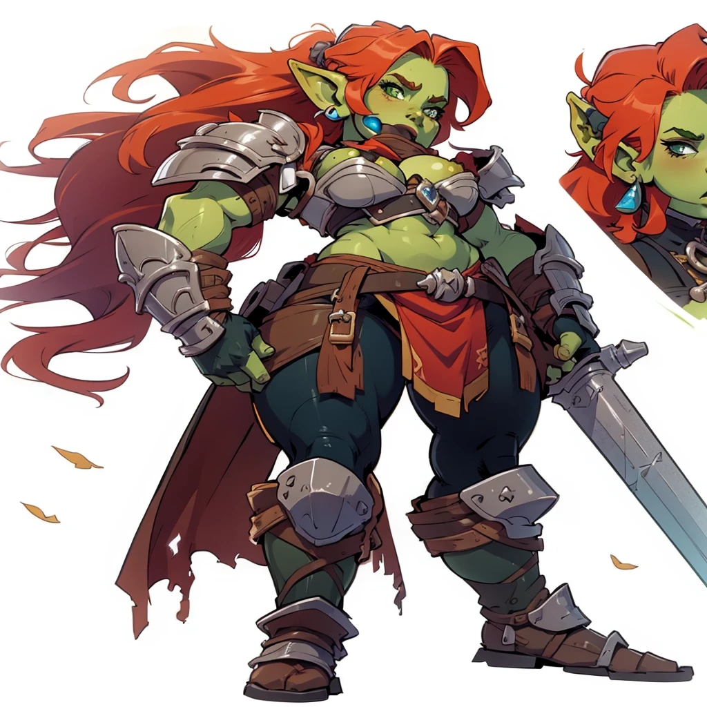 Solo, female, orc, (green skin), fantasy village, muscular, armor redhead