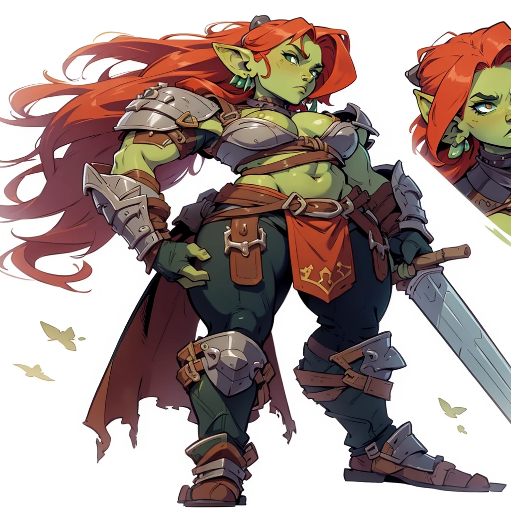 Solo, female, orc, (green skin), fantasy village, muscular, armor redhead
