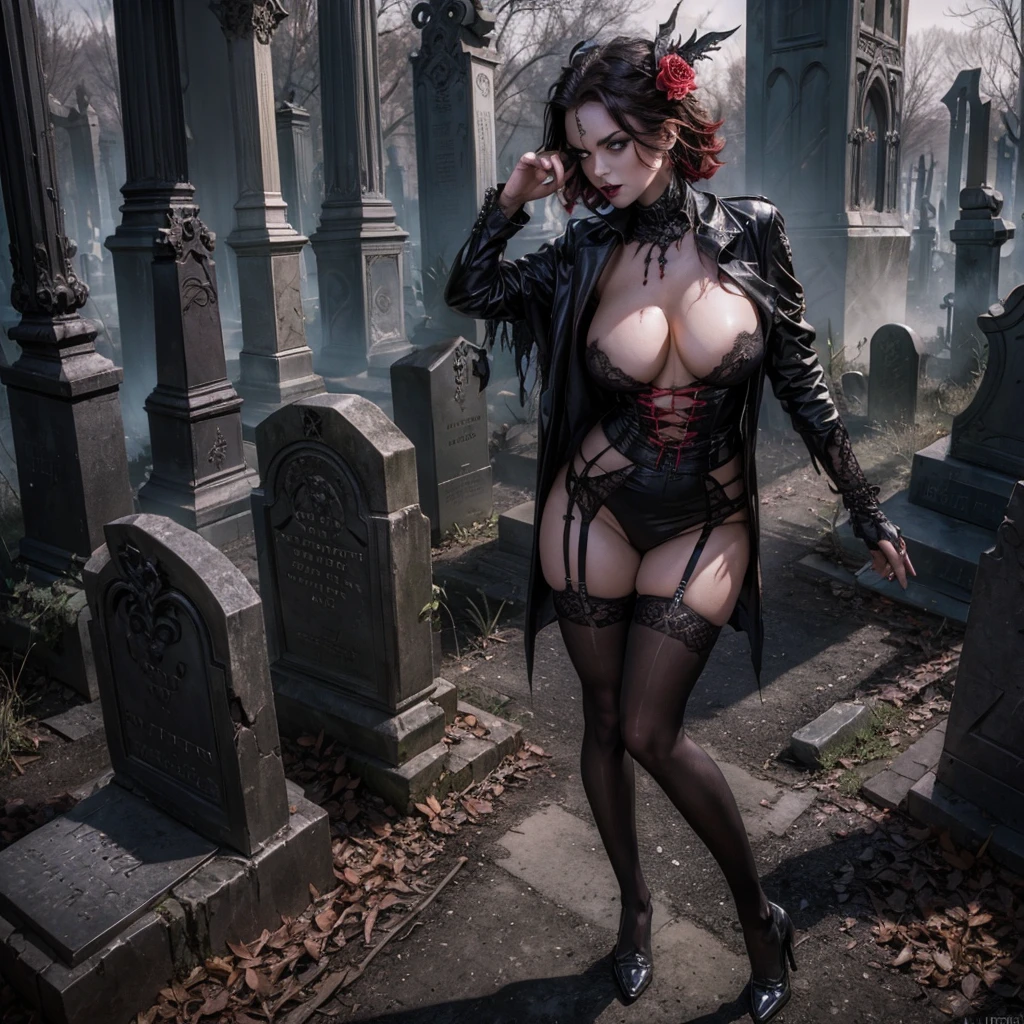 An undead sexy and hot girl in stockings in the foreground emerges from the ground of a gothic cemetery tombstone, in the background other tombstones with sinister and demonic figures