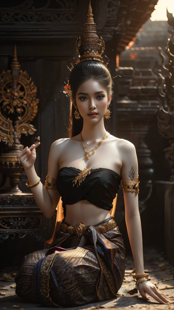 Beautiful girl, Thai warrior, tattoo talisman, walking at Thai temple, dynamic pose, Thai chat dress, strapless shirt, long hair, black eyes, abdominal muscles, thin body, round chest, (big breasts: 1.3), crevices, small thighs, long legs, morning sunlight, staring at the audience, (sexy posture), ((face details)), double eyelids, finished, realistic, masterpiece, highest quality, flared lens, shades, old temples, temples, [[Chromatic aberration]], by Jeremy Lipking, by Antonio J... Manzanedo, digital painting, HDR, high contrast, covered with long sash