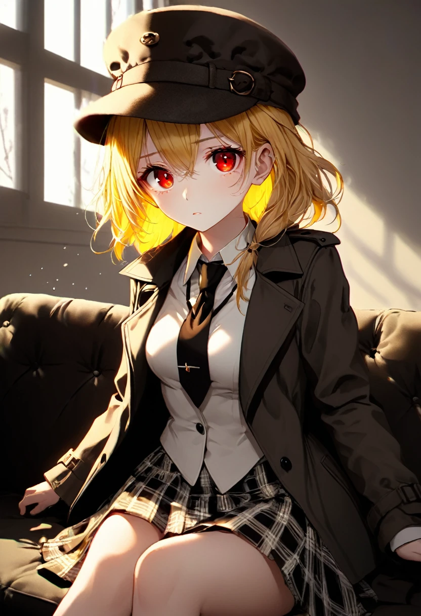 8k, highres, 1girl, 18 years old, beautiful skin texture, ultra detailed face, ultra detailed eyes,( immersive ambience, chiarosscuro, bright light, glow lighting), delicate facial features, medium breasts, red eyes, yellow hair , black trench coat, white suit, checked skirt, necktie, brown deerstalker hat, sitting on sofa, crossedleg, serious, indoors, High-quality animation style presentation, Beautiful and extremely fine texture, high contrast, sunlight from window, looking overr shoulder