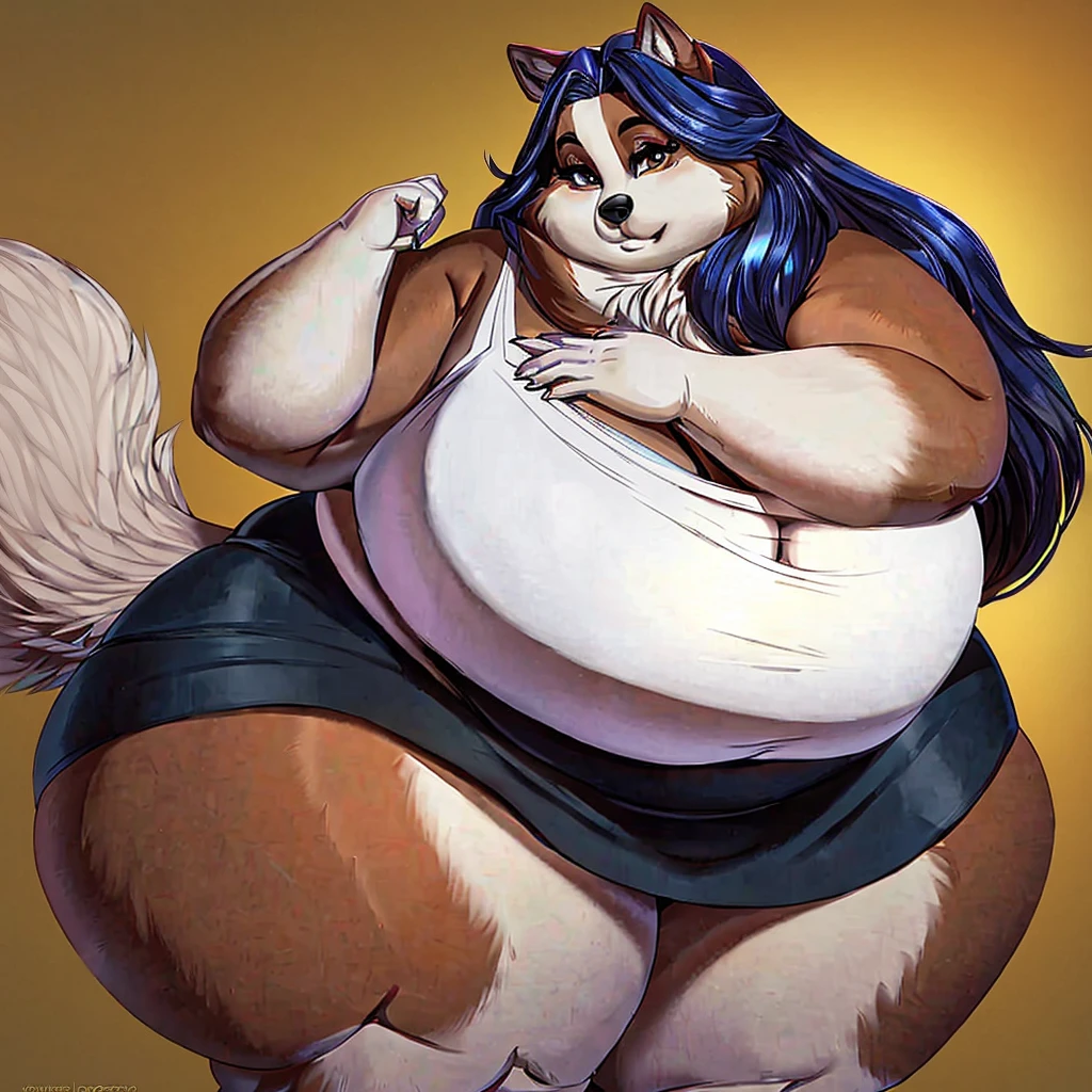 Malamute, female, long cyan hair, huge breasts, huge hips, huge thighs, plump, voluptuous, morbidly obese, feminine, gorgeous, beautiful, eyelashes, fat arms, fat legs, fat neck, chubby cheeks, double chin,tank top, black skirt