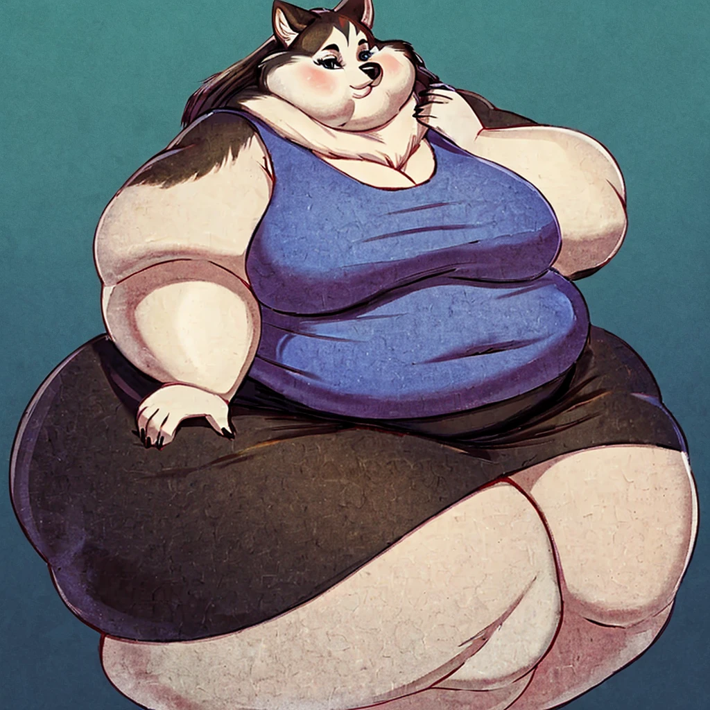 Malamute, female, long cyan hair, huge breasts, huge hips, huge thighs, plump, voluptuous, morbidly obese, feminine, gorgeous, beautiful, eyelashes, fat arms, fat legs, fat neck, chubby cheeks, double chin,tank top, black skirt