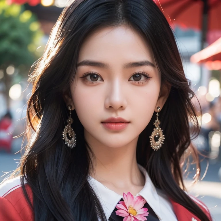 Close-up photo, Young Southeast Asian woman with a round face,black eyes,abdominal muscles, perfect body, outdoor, Warm light, The morning sun shines beautifully., (digital painting, HDR, high contrast), 3d, 8k, 45,000,000 pixcls, realistically,