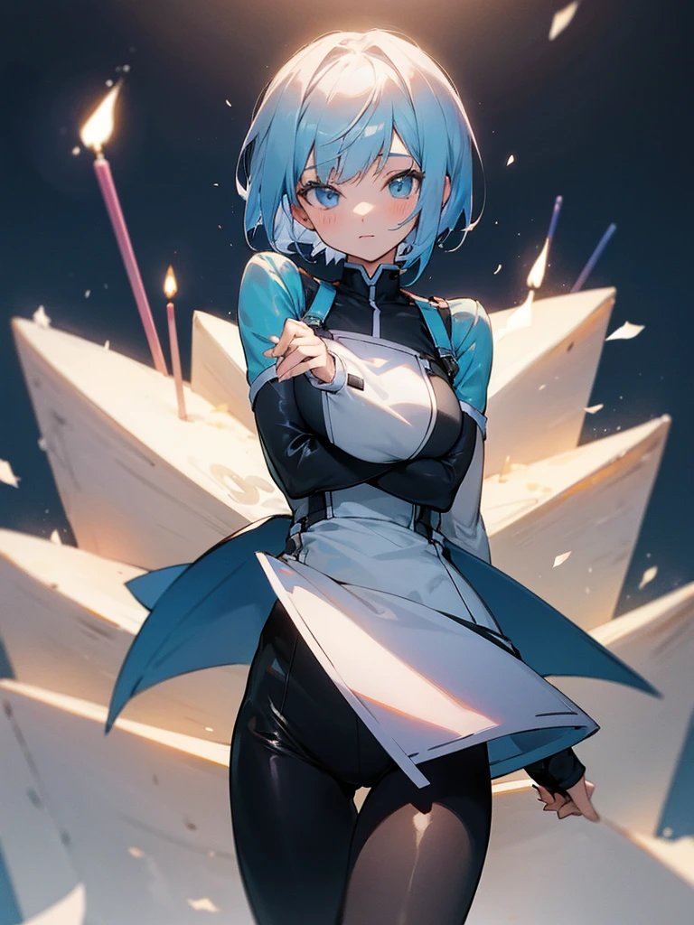 Anime girl with short light blue hair with a cake in her hands ,celebrating birthday,pelvis pov ,tight clothes
