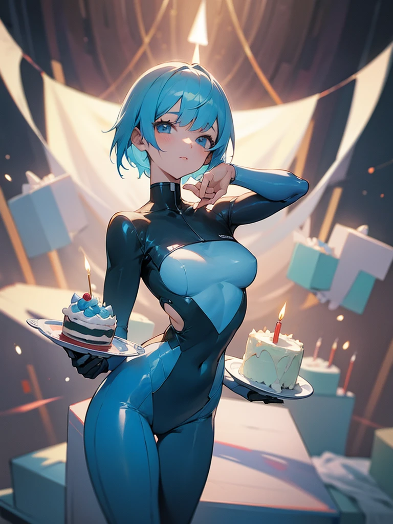 Anime girl with short light blue hair with a cake in her hands ,celebrating birthday,pelvis pov  ,tight clothes