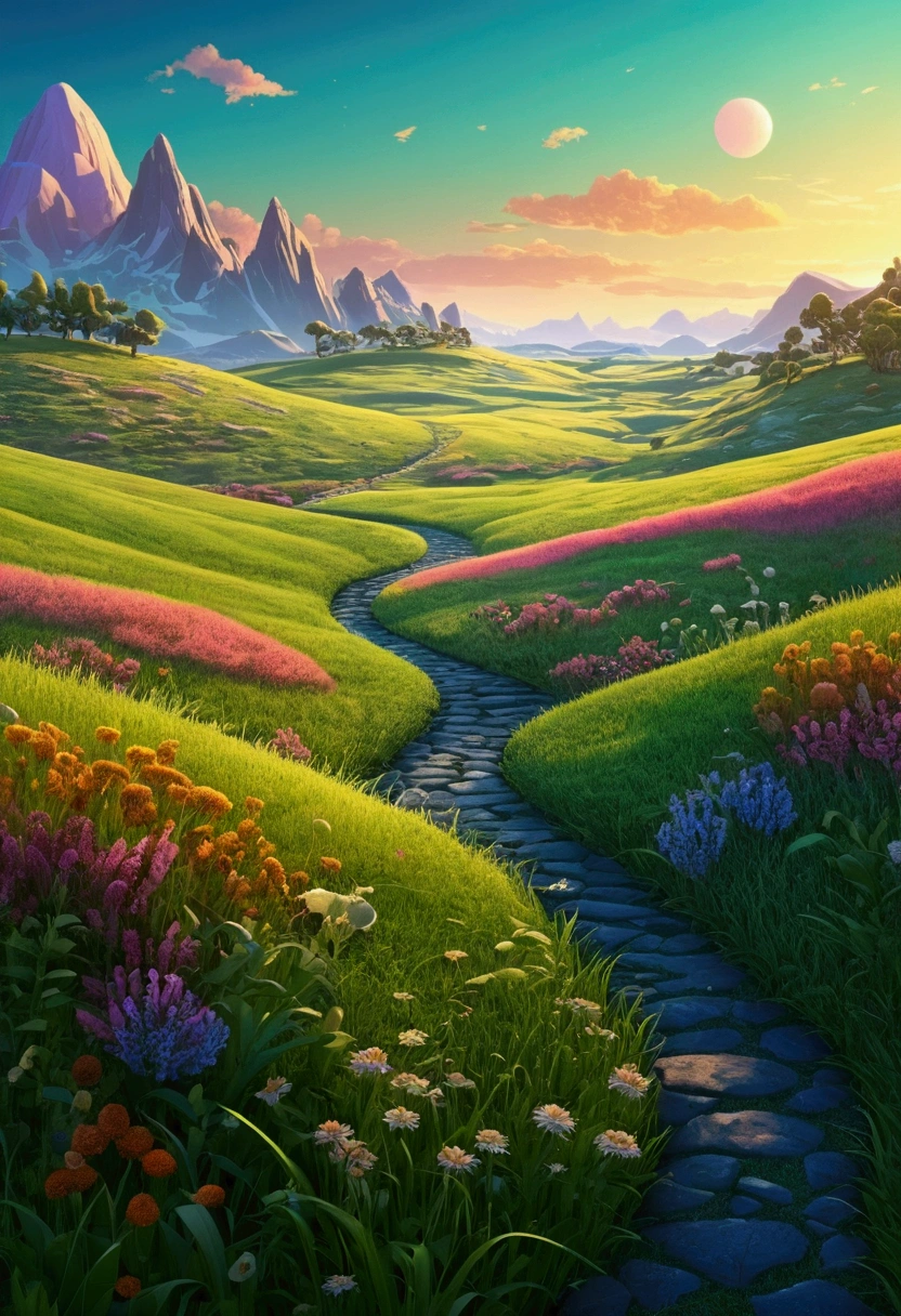 A cinematic, beautiful, 3d cartoon style grassland, sharp focus, intricate detail, perfect picture, detailed illustration, cinematic, ultra highly detailed, tiny details, beautiful details, mystical, luminism, vibrant colors, complex background