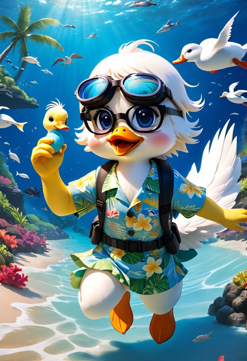 Esbian all over body、Cool white duck、Pop White Duck、Diorama、Simple Background、Underwater goggles、Snorkel、Aloha Shirt、Hawaii beach background、Cape、Best Quality, Capture the cutest moments, Depth of written boundary, Super detailed, Ultra-high resolution, Octadale, 8k, 16km race