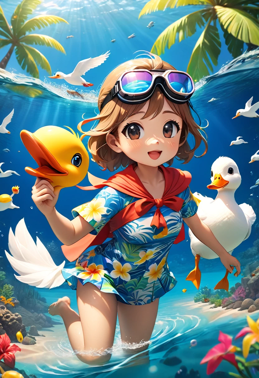 Esbian all over body、Cool white duck、Pop White Duck、Diorama、Simple Background、Underwater goggles、Snorkel、Aloha Shirt、Hawaii beach background、Cape、Best Quality, Capture the cutest moments, Depth of written boundary, Super detailed, Ultra-high resolution, Octadale, 8k, 16km race