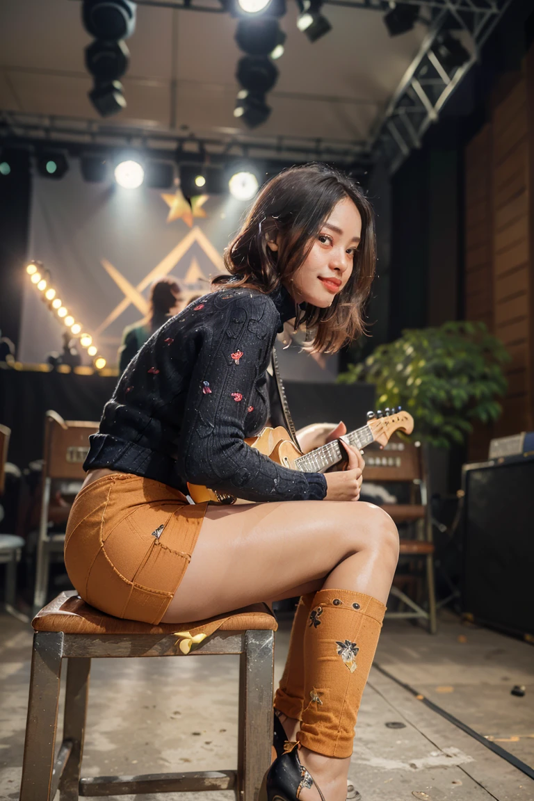 masterpiece, best quality, ultra detailed, high resolution, 1 girl, ((pretty lady MoonLay)), Burmese girl, ((pretty lady MoonLay's seductive sweet face with sweet smile:1.2)), ((playing guitar:1.5)), ((singing with confident)), ((electric guitar)), ((stage background:1.5)), golden hour setting, 8k, (((black sweater turtleneck tight blouse))), ((middle thigh length black mini skintight skirt with white flower printed pattern:)), (stylishly sitting on stylish stage stool), (((crossing legs:1.1))), (stiletto high heel), ((full body tilted side view:1.5)), ((blur background with star shaped bokeh effect to highlight portrait better)), (vibrant HDR lighting), 