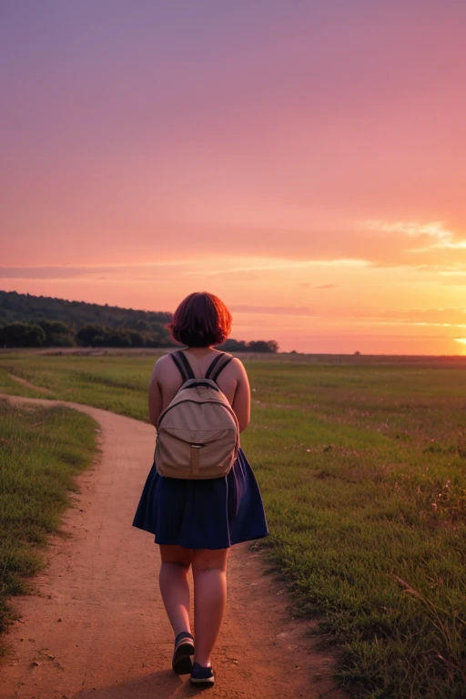 a  girl, with short hair and dressed in a , chubby girl, on your back looking towards a sunset