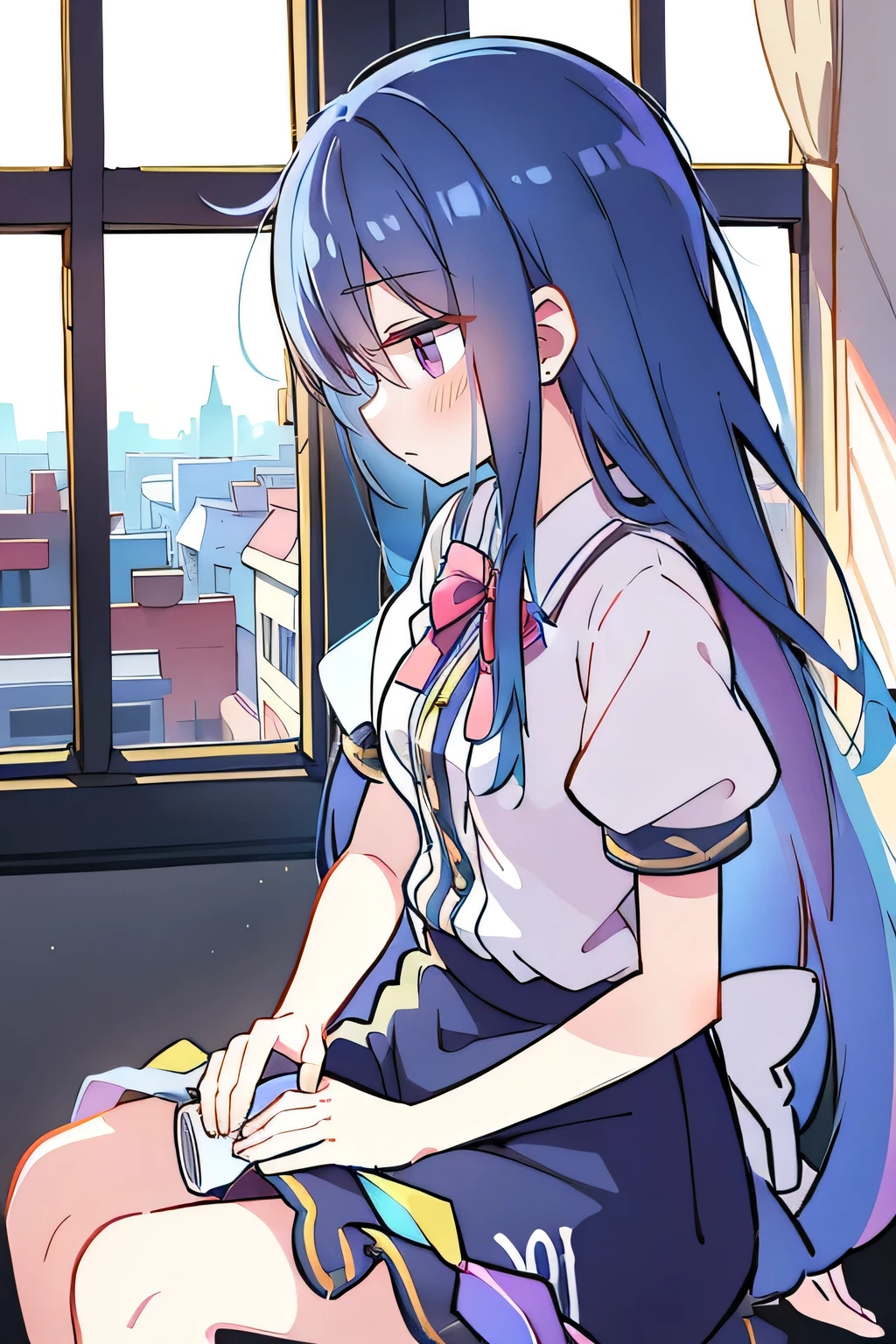 Anime Girl sitting on window sill drinking coffee and looking out the window, (Anime Girl), Anime cute art style, seductive Anime Girl, Beautiful anime high school, Cute girl anime visual, Night Core, Best Girl in Anime, young Anime Girl,dark blue long hair，Sit by the window