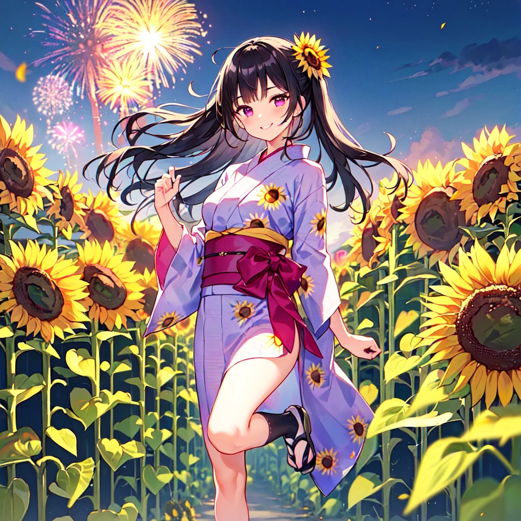 masterpiece, best quality, high quality, extremely detailed, very delicate and beautiful, (1 female 18 years old solo:1.5), (long black hair up to waist with two side up:1.5), bangs to eyebrows, eyes Eyebrows are glossy, (eye color: magenta: 1.3), 6.5 head height, (yukata with sunflower fireworks print: 1.3), knee socks, lace, frills, (smiling), (standing: 1.3), (smiling), (dynamic pose), (background sunflower flower field: 1.3), (sunflowers Lots and Lots of Night: 1.3)