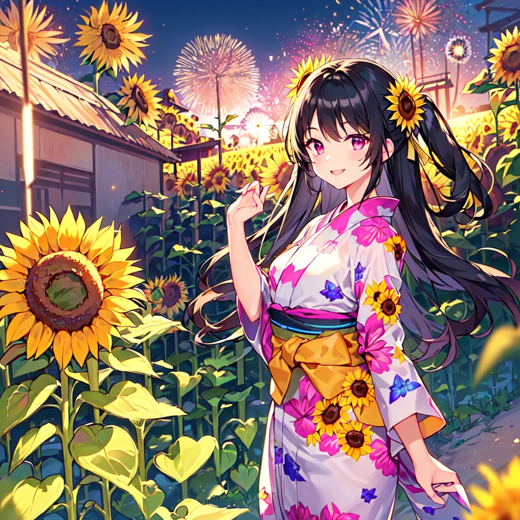 masterpiece, best quality, high quality, extremely detailed, very delicate and beautiful, (1 female 18 years old solo:1.5), (long black hair up to waist with two side up:1.5), bangs to eyebrows, eyes Eyebrows are glossy, (eye color: magenta: 1.3), 6.5 head height, (yukata with sunflower fireworks print: 1.3), knee socks, lace, frills, (smiling), (standing: 1.3), (smiling), (dynamic pose), (background sunflower flower field: 1.3), (sunflowers Lots and Lots of Night: 1.3)
