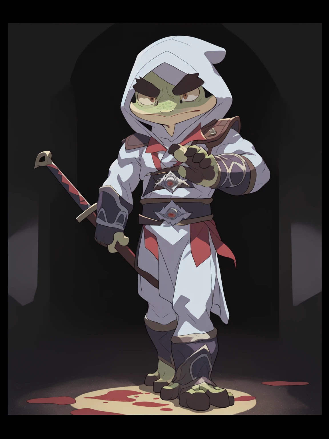 [Character Discovery] [SFW] The artist generate portrait fullbody, ((photograph:1.2)), magician, glowing sword, staff, dramatic lighting, dynamic pose, dynamic camera,masterpiece, high quality, dark shadow, ((dark fantasy)), be familiar with, realistic, 8k uh, high quality, (cute, 1boy, short, slim chibi:1.83, muscle:0.42, Big head:1.71, shrink:1.41, Create a small chibi anthropomorphic frog cartoon character named Bullfrog from Captain Laserhawk: A Blood Dragon Remix, Bullfrog speak funny French train as Assassin in the ways of the Assassin Brotherhood. He should be depicted wearing traditional Assassin’s Creed attire, including a hood, cloak, cloths purple with red, and hidden blades, but modified to fit a small, agile frog. The character should embody a blend of subversive, scrappy elements with the profound and resonant themes of the Assassin's Creed universe. The artwork should capture the juxtaposition of his disarmingly sweet look and his formidable warrior nature with funny anime reactions, silly)