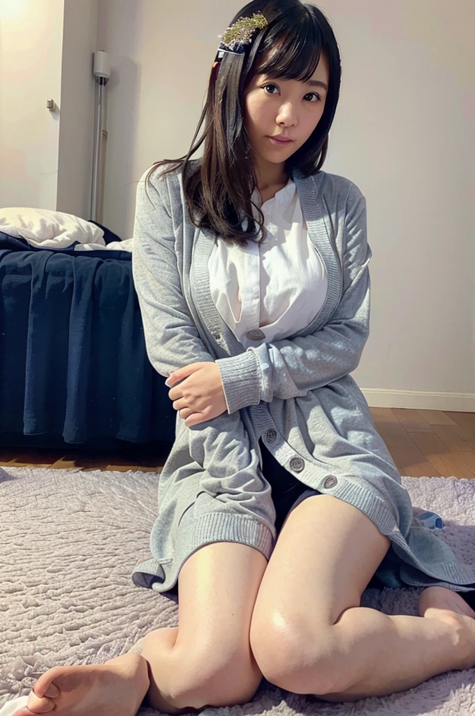 暗いnightの部屋、night、night中、8k,  Highest quality, Realistic, Very detailed、Simple room、Young and beautiful girl、Large Breasts、Please show me the amount、Fluffy carpet、Sit on the floor with your legs apart、I spread my legs and show you my pussy、A sparkly white, thin cardigan、Unbutton the front of your dress to show your 、Open the cardigan with both hands、