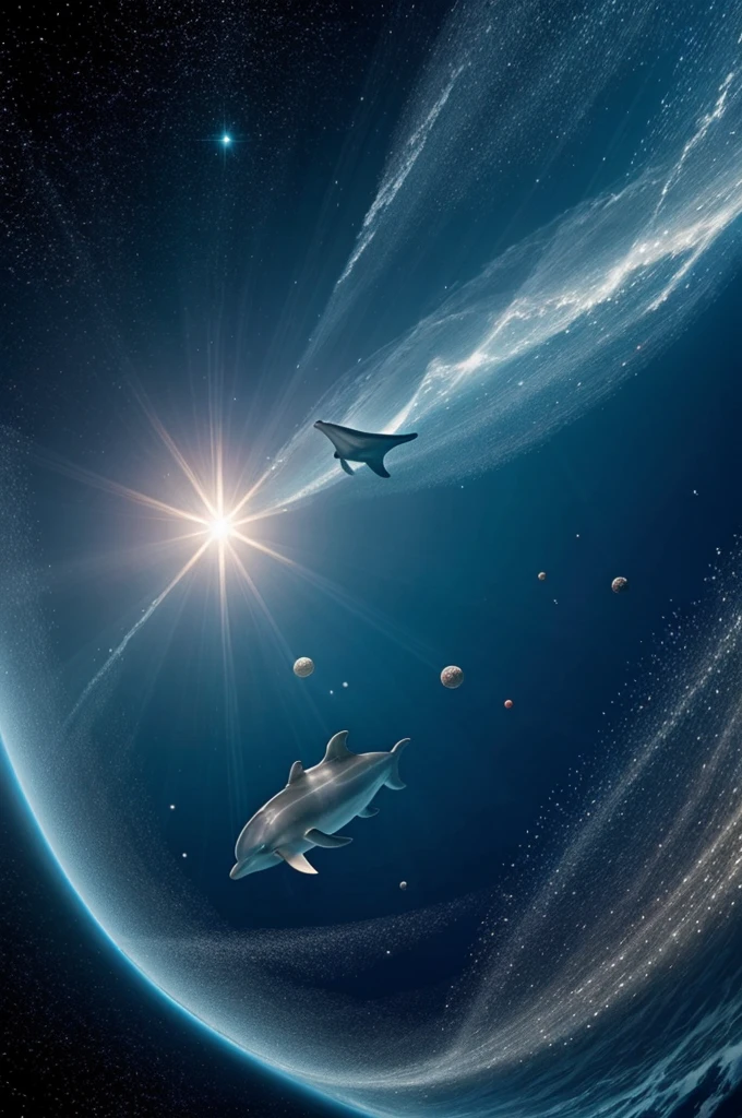 Dolphins and jellyfishs swim around a sparkling starry planet