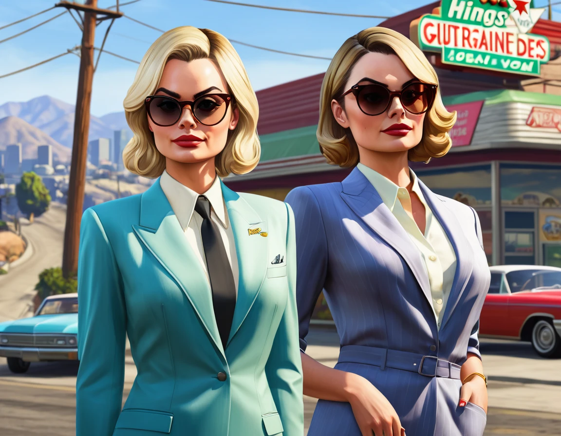 two women in suits and sunglasses standing in front of a sign, as a character from gtav, hills in the background, margot robbie in gta v, kings row in the background, gta5 style, in gta v, gta v street style, inspired by Reginald Richard Redford, wearing rr diner uniform, in-game, in - game, rocky foreground