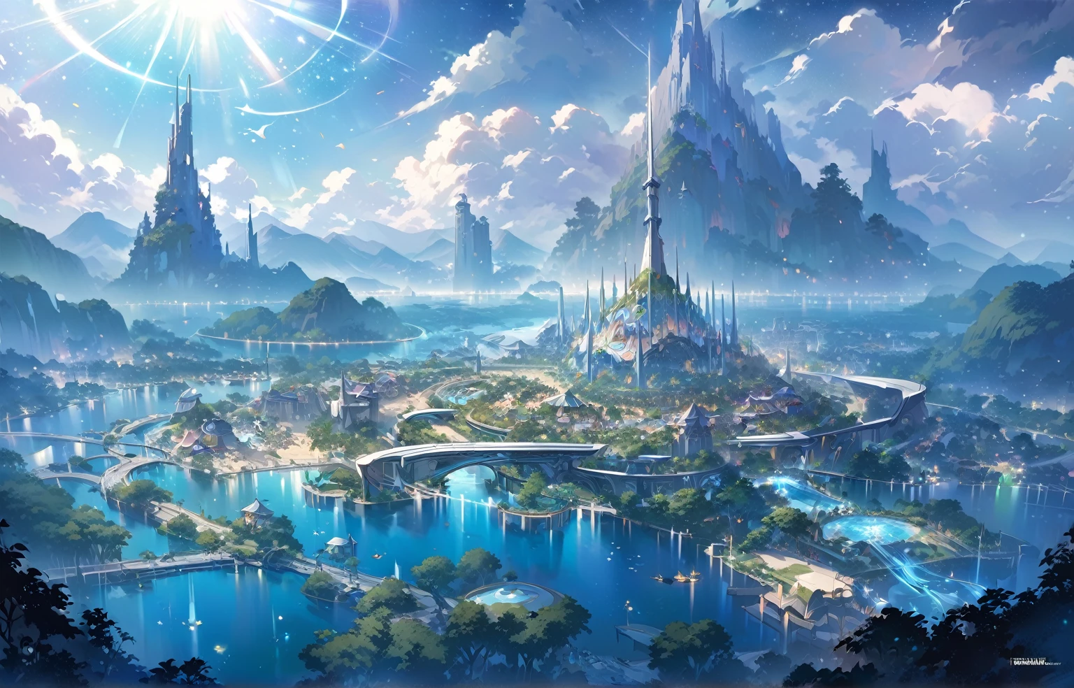 A painting of a Highly detailed, beautiful landscape, Futuristic city fantasy city, metropolitan, theme park, resort, tropical area, city middle of tropical island, beautiful beach, concept art inspired by Tosa Mitsuoki, pixiv contest winner, best quality, fantasy art, beautiful anime scene, , dream painting, Anime Background Art, Fantasy Landscape Art, Fantasy Night, Anime Background, Background Artwork, Fantastic Art, Atmospheric Anime, Starry Sky, Detail Enhanced.