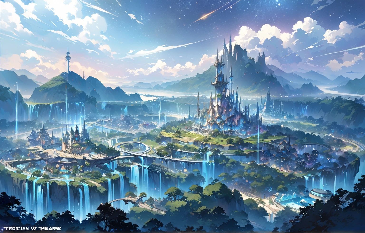 A painting of a Highly detailed, beautiful landscape, Futuristic city fantasy city, metropolitan, theme park, resort, tropical area, city middle of tropical island, beautiful beach, concept art inspired by Tosa Mitsuoki, pixiv contest winner, best quality, fantasy art, beautiful anime scene, , dream painting, Anime Background Art, Fantasy Landscape Art, Fantasy Night, Anime Background, Background Artwork, Fantastic Art, Atmospheric Anime, Starry Sky, Detail Enhanced.