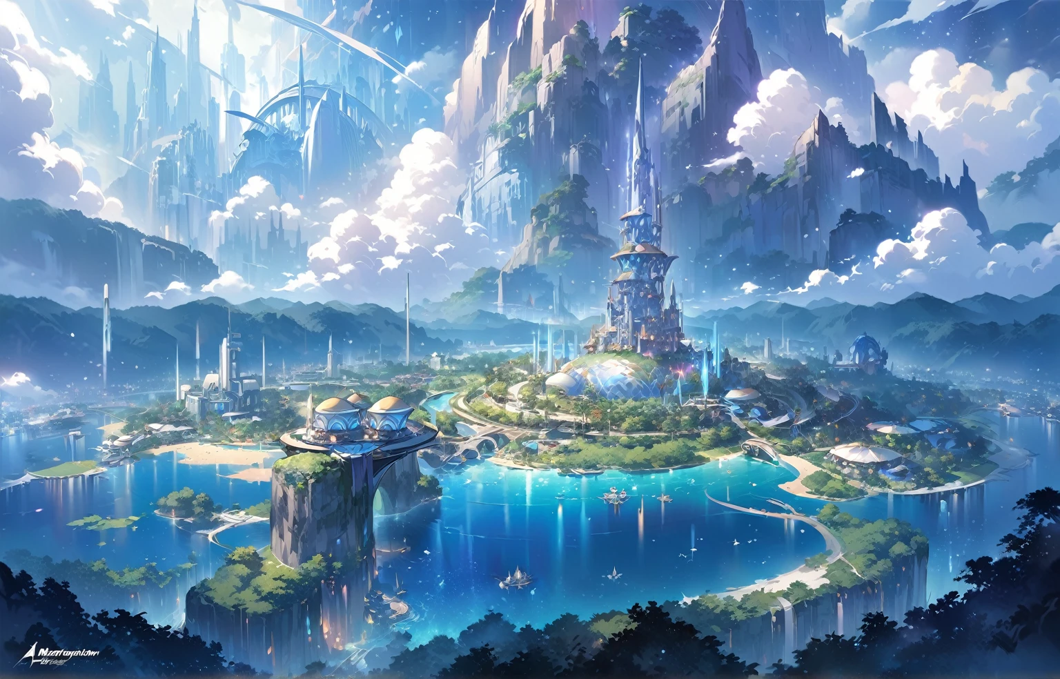 A painting of a Highly detailed, beautiful landscape, Futuristic city fantasy city, metropolitan, theme park, resort, tropical area, city middle of tropical island, beautiful beach, concept art inspired by Tosa Mitsuoki, pixiv contest winner, best quality, fantasy art, beautiful anime scene, , dream painting, Anime Background Art, Fantasy Landscape Art, Fantasy Night, Anime Background, Background Artwork, Fantastic Art, Atmospheric Anime, Starry Sky, Detail Enhanced.