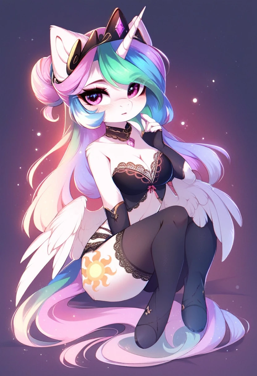 check_9, check_8_up, check_7_up, source_fluffy, rating_safe, from Magnaluna, Celestia poses seductively in a white bedroom, hair bun with bangs, pink eyes, white body, anthro, blushing, wearing goldern lingerie, full body