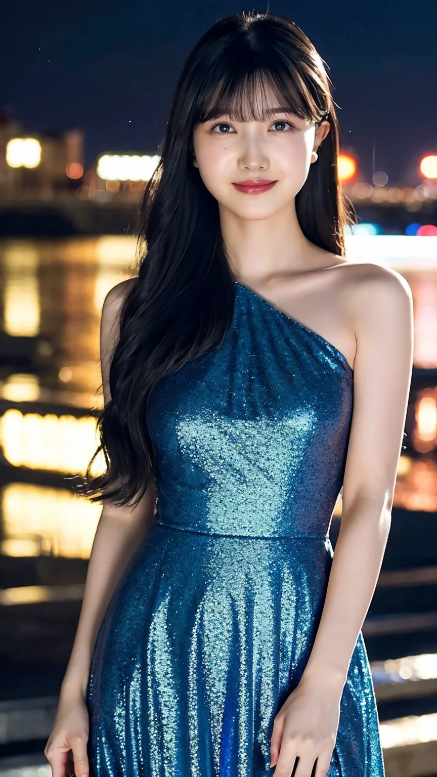 1girl,(wearing a blue glittery evening dress:1.2),(RAW photo, best quality), (realistic, photo-realistic:1.4), masterpiece, an extremely delicate and beautiful, extremely detailed, 2k wallpaper, Amazing, finely detail, extremely detailed CG unity 8k wallpaper, ultra-detailed, highres, soft light, beautiful detailed girl, extremely detailed eyes and face, beautiful detailed nose, beautiful detailed eyes,cinematic lighting,city lights at night,perfect anatomy,slender body,light smile,close up,(long hair with bangs)