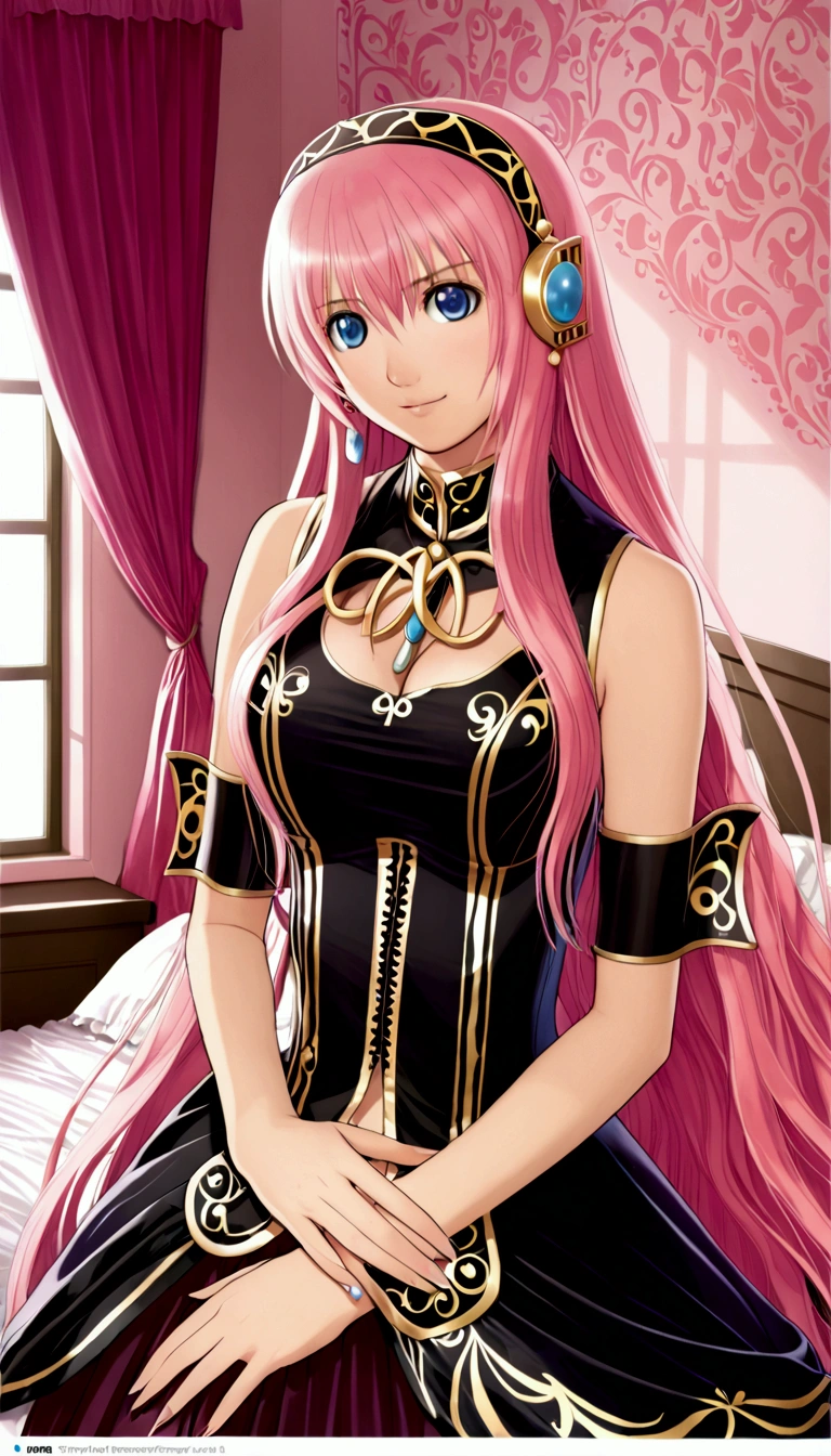 Detailed and beautiful depiction 1.1,Official Art,Beautiful adult woman ,Megurine Luka in official costume,Pink long hair,blue eyes,smile,Bedroom