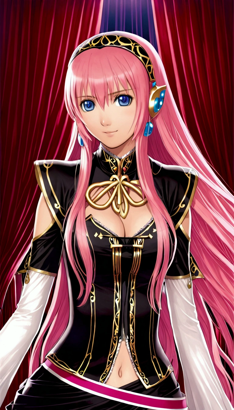 Detailed and beautiful depiction 1.1,Official Art,Beautiful adult woman ,Megurine Luka in official costume,Pink long hair,blue eyes,smile,Bedroom