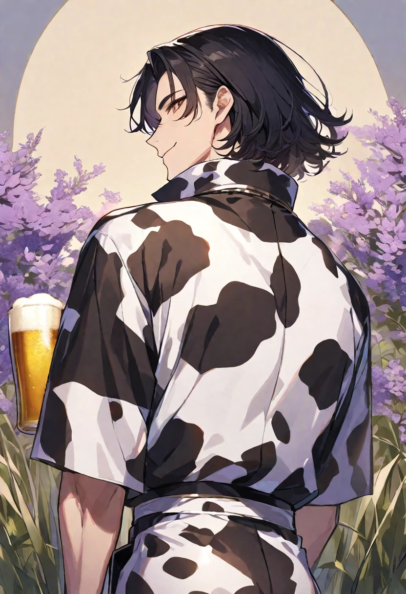 Solo,handsome, 
1. male,
bangs,straight hair,Bob Hair,the back of one's neck,
black hair, 
Gojo Satoru ,
brown Eyes,Soft look,
beautiful,sexly,Darkness,
cow-patterned clothes,smile, drink beer,
simple background ,
meadow background,