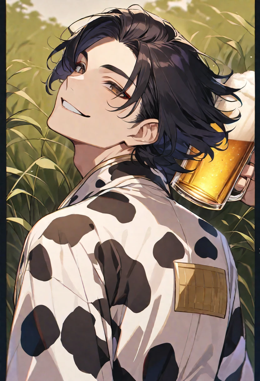 Solo,handsome,
1. male,
bangs,straight hair,Bob Hair,the back of one's neck,
black hair,
Gojo Satoru ,
brown Eyes,Soft look,
beautiful,sexly,Darkness,
cow-patterned clothes,smile, drink beer,
simple background ,
meadow background,