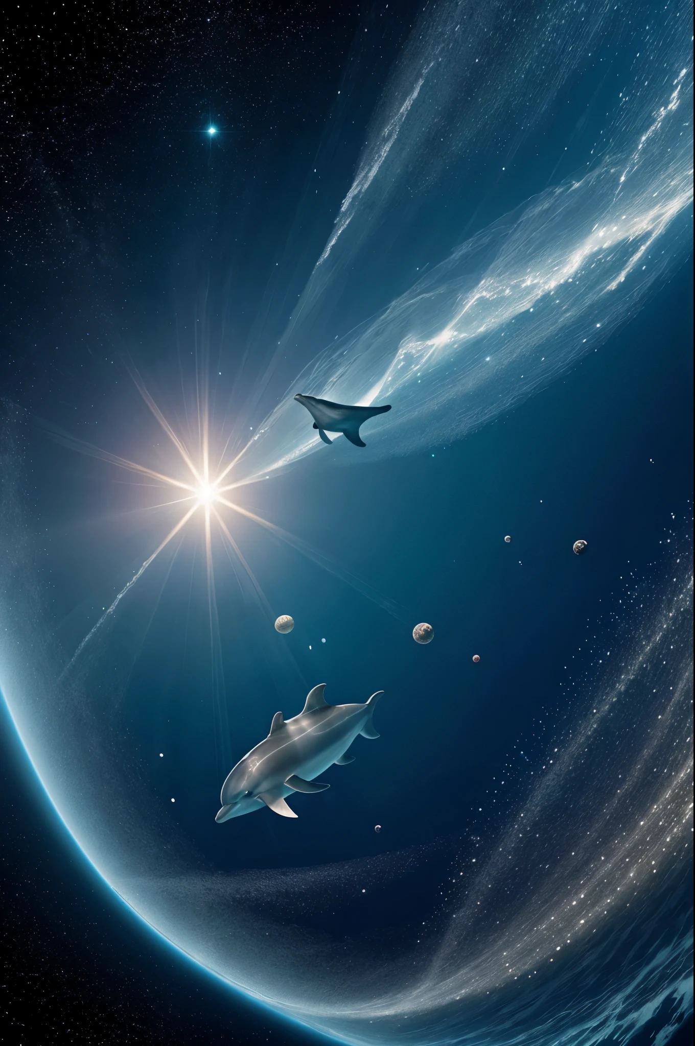 Dolphins and jellyfishs swim around a sparkling starry planet