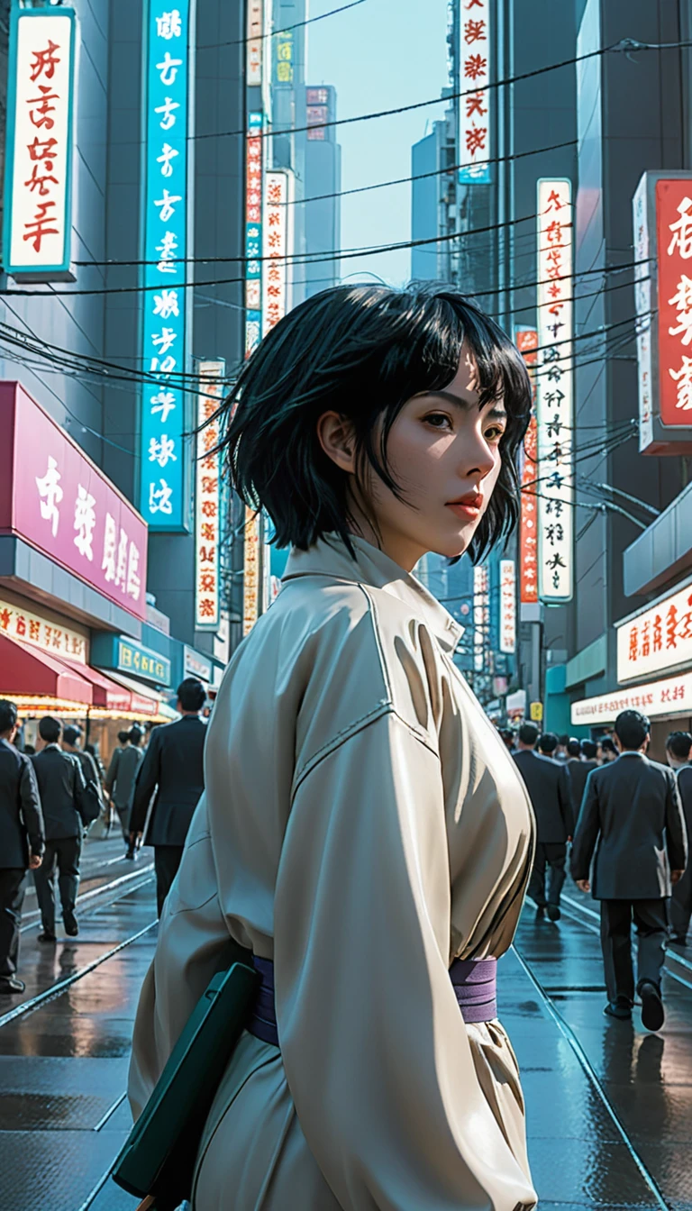 Ghost in the Shell adopts retro 90s anime style, , Science Fiction, Futuristic, Surrealism, Akira Style, Early litigation, Detailed line art, Fine details, greg rutkowski makoto shinkai kyoto animation key art female eye level shot