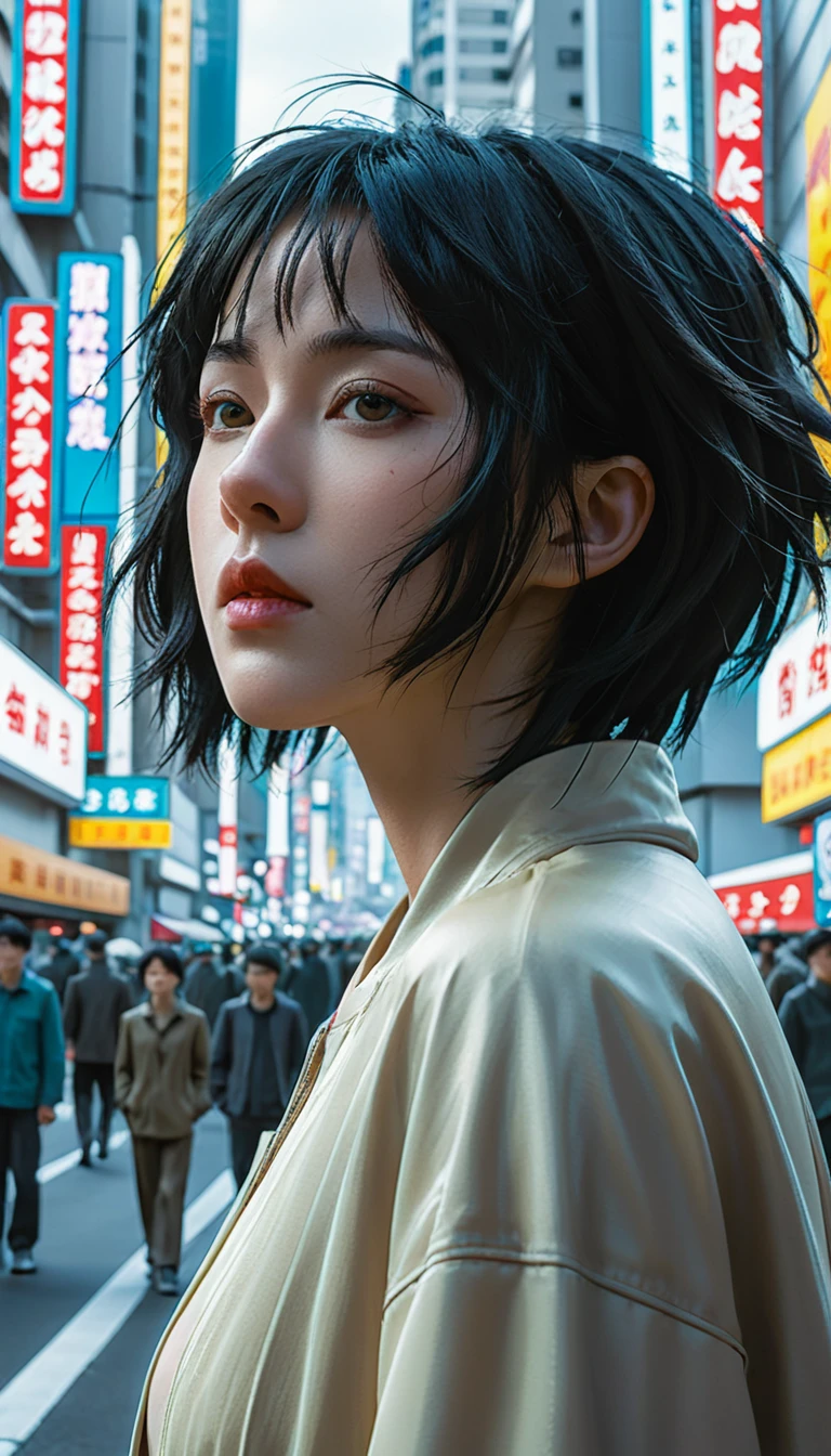 Ghost in the Shell adopts retro 90s anime style, , Science Fiction, Futuristic, Surrealism, Akira Style, Early litigation, Detailed line art, Fine details, greg rutkowski makoto shinkai kyoto animation key art female eye level shot