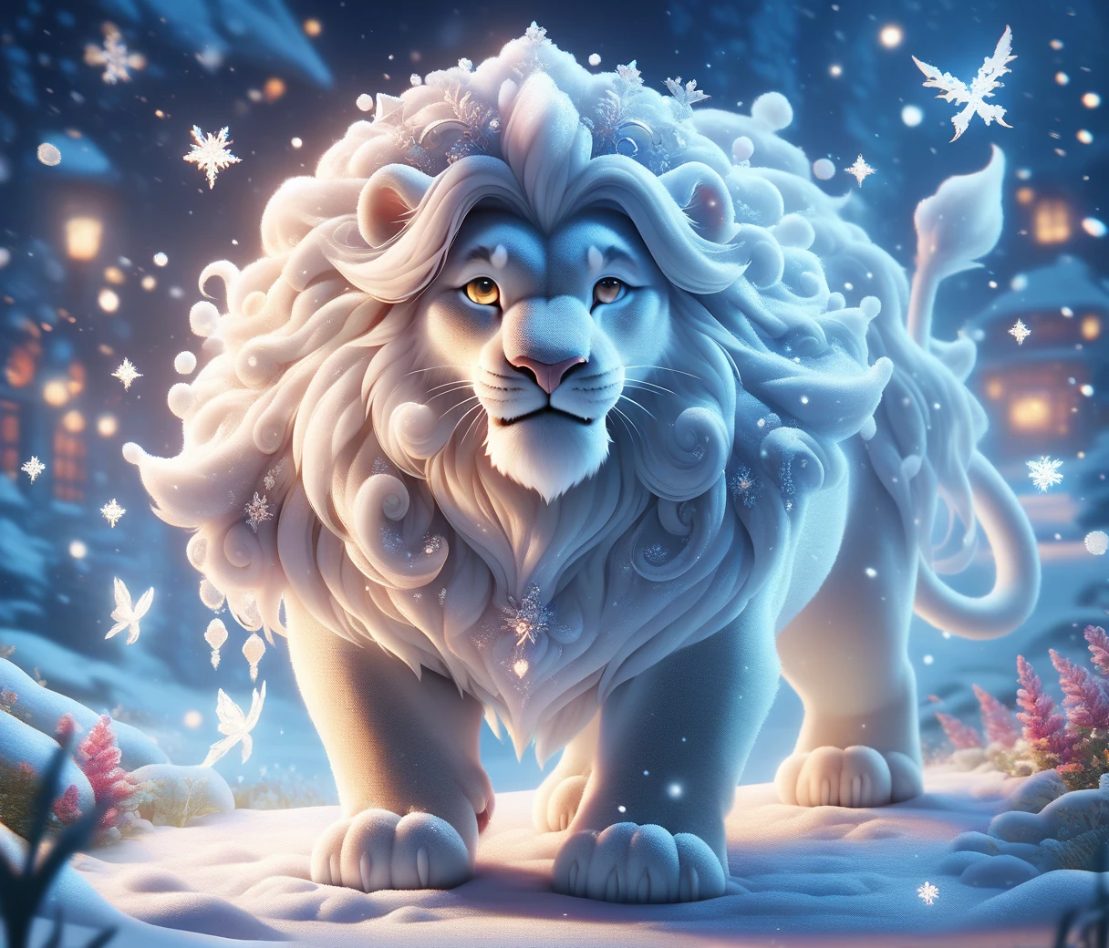 chubby male lion cub fullbody, SnowStyle, high quality fantasy art of a beautiful adorable snow, glowing within, adorable, magical oasis, fantasy, night time, moonlight, magical, extremely detailed, beautiful,whimsical, high resolution image
