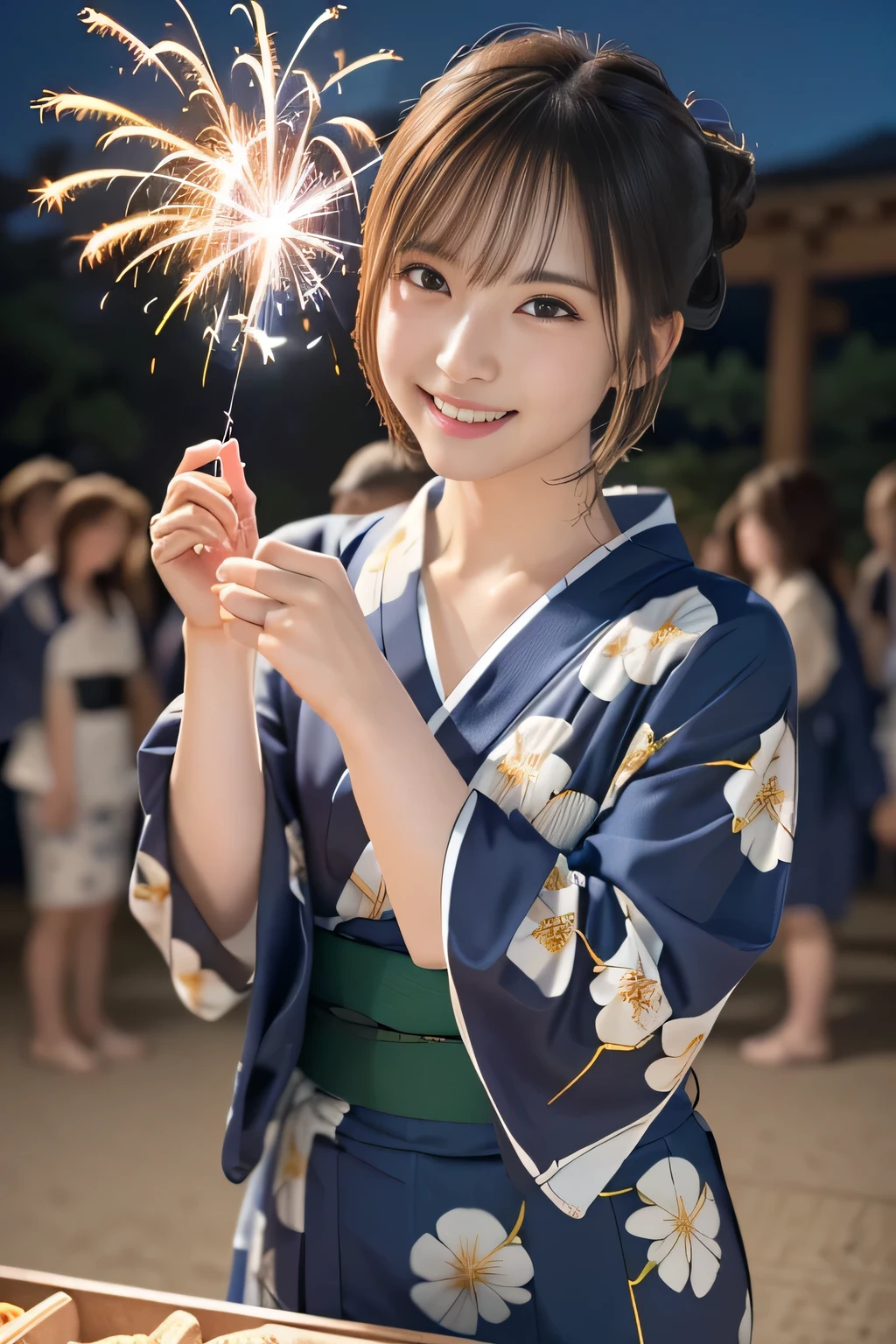 top-quality,fullbody shot,,super high resolution,(Realistic:1.4),Raw photography, Jersey,

generally, (Girl in A floral Yukata:1.3), Blowing in the wind,Summer festival,night,Opening a store,Spirit Stream,Large fireworks, short hair bun Break 8K, (RAW Photos: 1.2), (realism: 1.4), (Tabletop: 1.3), (Exquisite detail: 1.2), Delicate and beautiful details, (Eye details), (Facial details), (highest quality) :1.4), (Super Resolution: 1.2), Cinematic light, (Highly detailed illustration), (eyelash, highest quality, Super Resolution, Depth of written boundary, Wide Light, Natural Shadows,random cute pose, large breasts, five fingers, big smile, (Crouch down:1.2),  (Hold a sparkler in your hand and point it down:1.3),  (Japanese Summer festival:1.2), 