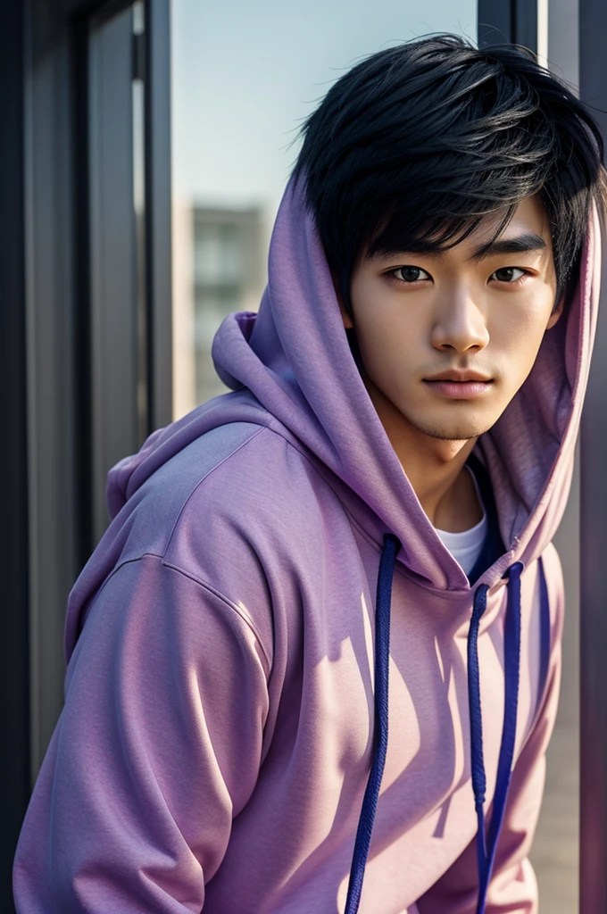 Close-up of a person wearing a hoodie and sweatshirt, anime handsome man, Cute boy in Demon Slayer art, morning, inspired by Zhang Han, male anime style, inspired by Bian Shoumin, delicate androgynous prince, Cute anime pose, sakimichan, south korean man, handsome androgynous prince, WAN lovely Korean face, photo realist, hyper-realistic image