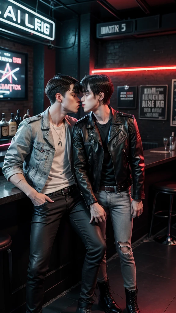 Young white man with black straight hair, wearing red dress shirt, black pants, shoes black, kissing an adult white man, gray hair with bangs, wearing black leather jacket, calça jeans preta destroyed, military boots, in a bar with neon lights and a neon cross nailed to the back wall, realisitic, realisitic