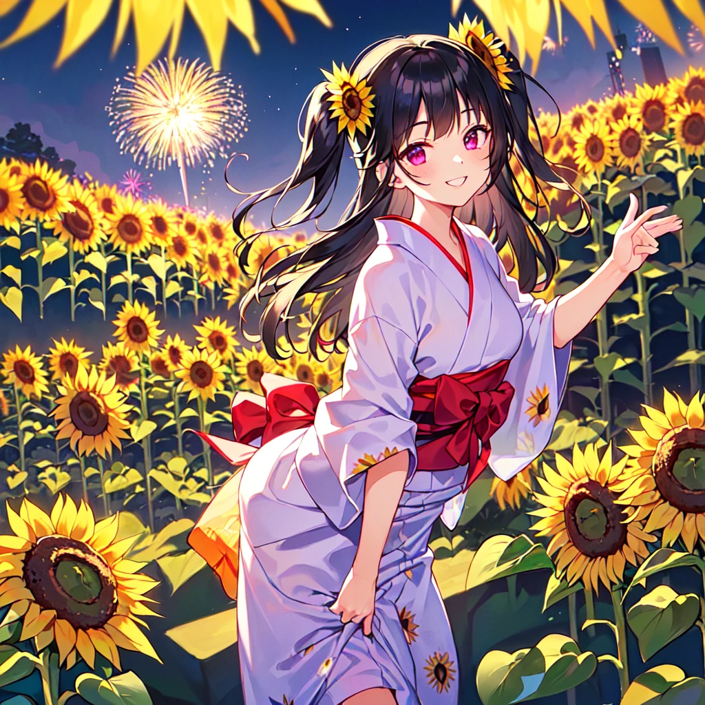 masterpiece, best quality, high quality, extremely detailed, very delicate and beautiful, (1 female 18 years old solo:1.5), (long black hair up to waist with two side up:1.5), bangs to eyebrows, eyes Eyebrows are glossy, (eye color: magenta: 1.3), 6.5 head height, (yukata with sunflower fireworks print: 1.3), knee socks, lace, frills, (smiling), (standing: 1.3), (smiling), (dynamic pose), (background sunflower flower field: 1.3), (sunflowers Lots and Lots of Night: 1.3)