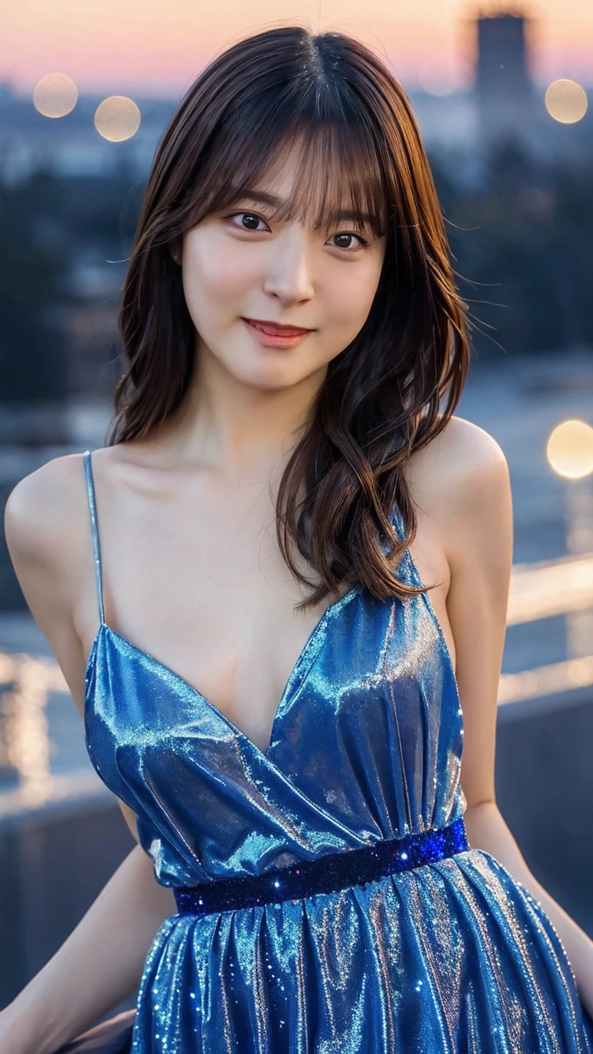 1girl,(wearing a blue glittery evening dress:1.2),(RAW photo, best quality), (realistic, photo-realistic:1.4), masterpiece, an extremely delicate and beautiful, extremely detailed, 2k wallpaper, Amazing, finely detail, extremely detailed CG unity 8k wallpaper, ultra-detailed, highres, soft light, beautiful detailed girl, extremely detailed eyes and face, beautiful detailed nose, beautiful detailed eyes,cinematic lighting,city lights at night,perfect anatomy,slender body,light smile,close up,(long hair with bangs)