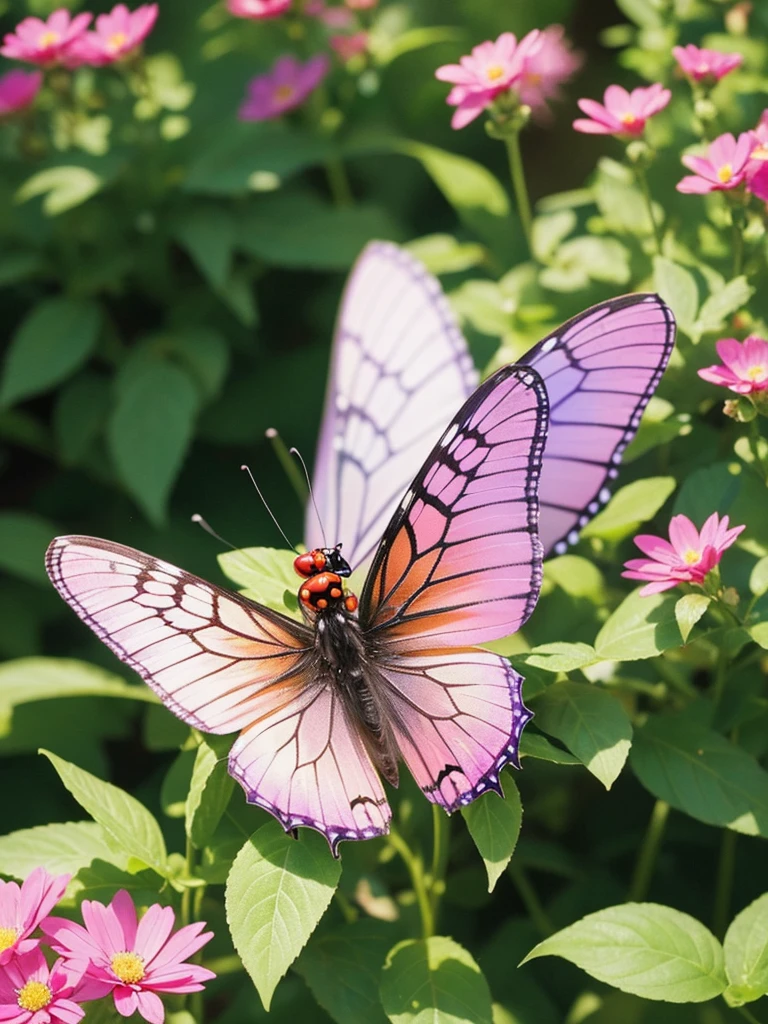 ultra-realistic, highly detailed macro image of a cute butterfly flying above vibrant, colorful flowers. The butterfly should have delicate, intricately patterned wings with soft pastel hues, captured in close-up detail. Surround the scene with gentle, warm sunlight, tiny sparkles in the air, and small, whimsical creatures like ladybugs and fairies to enhance the overall cuteness. The flowers should be in full bloom, with their textures and colors vividly showcased, adding to the vibrant and enchanting atmosphere.