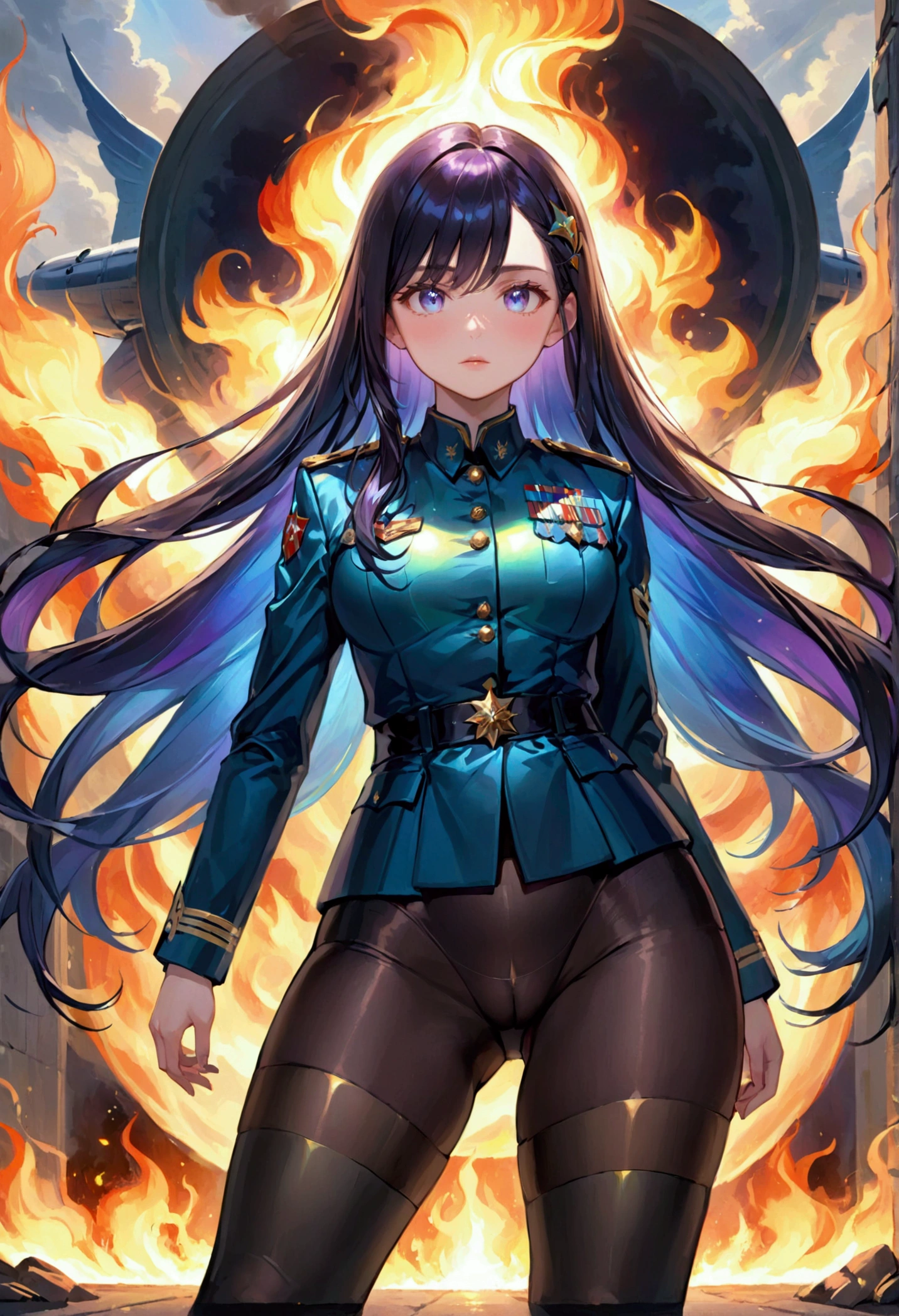 Long dark iridescent hair, iridescent eyes, small waist large thighs, military uniform, tights