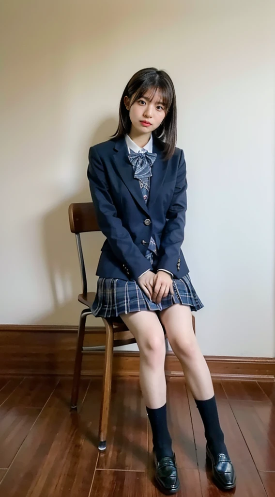 (8K、Raw photo、highest quality、masterpiece:1.2)、(realistic、Photoreal)、1 girl、((checked mini skirt、loafer uniform、dark blue socks、blazer、big breasts、classroom、sat on a chair、Seen from the front、stand with legs apart、))、lots of eyelashes、Glitter on your eyelids、skeletally correct